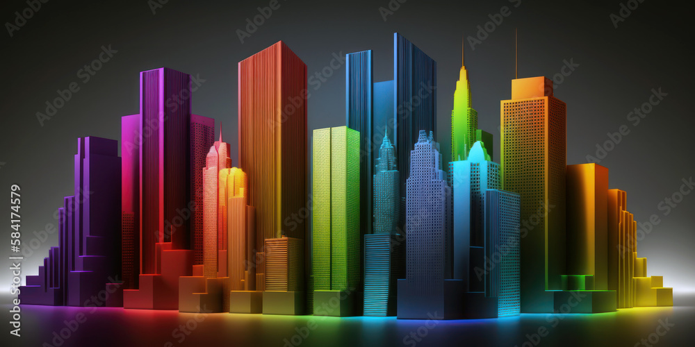 Rainbow colors city buildings, multicolor skyline.  Colorful town and diversity concept. Generative AI