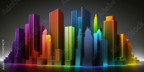 Rainbow colors city buildings  multicolor skyline.  Colorful town and diversity concept. Generative AI