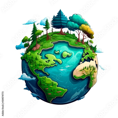 Planet Earth on white background. Earth day or environment conservation concept. Save green planet concept. Cartoon style. Generative AI