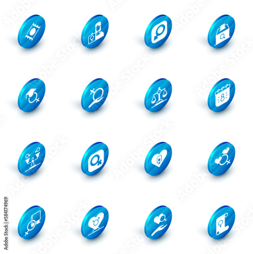 Set Feminist activist, Male gender, Female vote right, Teacher, Gender equality, Calendar with 8 March and icon. Vector