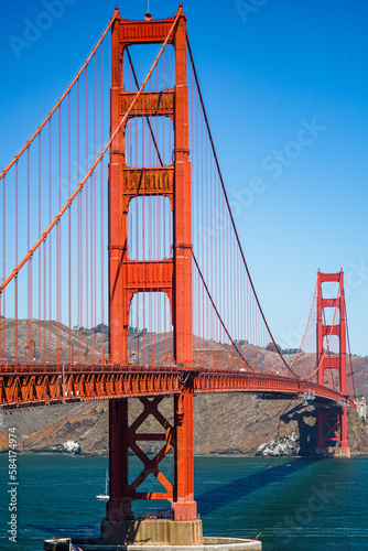 Golden Gate Bridge San Francisco with blue sky and no fog, no clouds. View from Golden Gate Viewpoint
