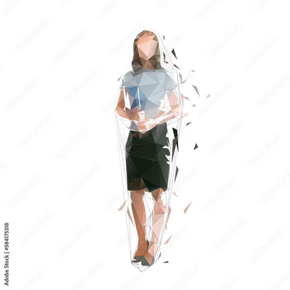 Business woman standing and holding documents, isolated low poly vector illustration. Geometric drawing from triangles