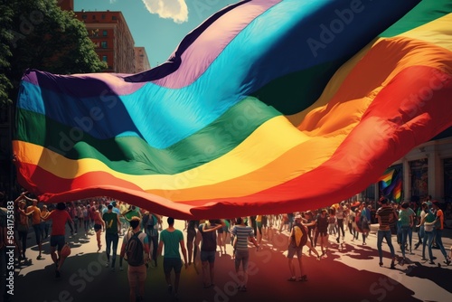 Rainbow colors flag waving over people crowd. LGBT Gay pride concept, Generative AI.