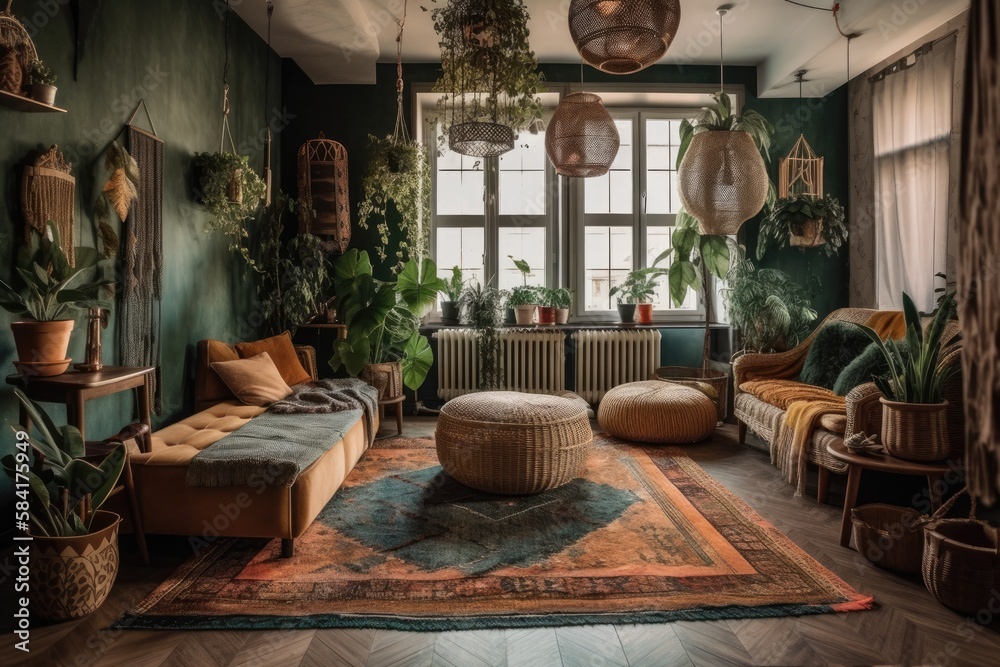 Boho living room. Flower potted greenery. Home decor. Generative AI