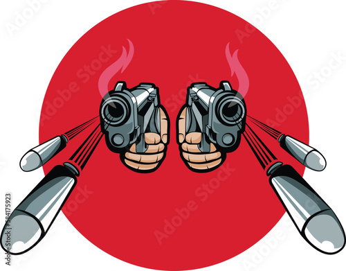 mascot style gun pistol shooting bullets in a perspective. Bullets coming at you at high speed. can be used as a logo design element for streaming industry