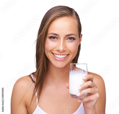 Portrait, calcium and a glass of milk for woman health, drink and diet with a young female drinking a morning beverage for protein or vitamins on an isolated and transparent png background