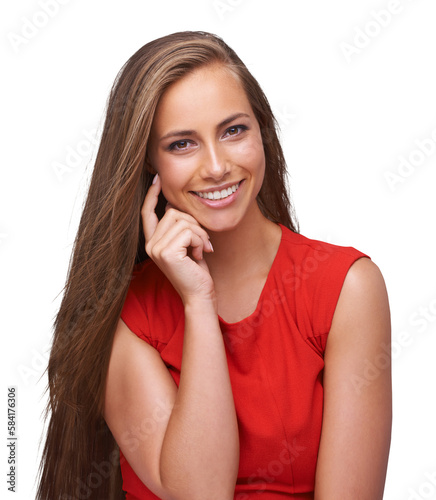 Beauty, makeup and portrait of a woman with a cosmetic, natural and face routine. Happy, smile and young female model from Brazil with a skin treatment on an isolated and transparent png background