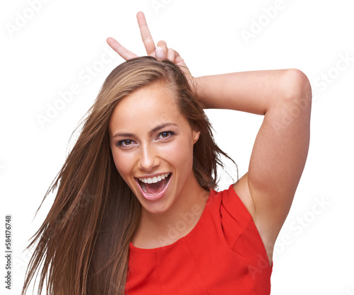 Comic, funny and bunny ears portrait of woman with happy, joyful and cheerful smile on an isolated and transparent png background. Happiness, crazy and face of goofy girl with rabbit gesture © peopleimages.com