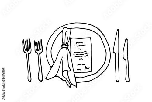 table setting for one person - two forks, two knives, a ring with a napkin inside and an invitation on a plate - hand drawn doodle. a place for a guest at the table with an invitation vector sketch