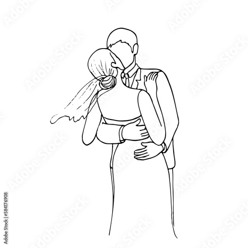bride in a wedding dress with a veil flying from the wind on her head stands with her back to the viewer, she kisses the groom who hugs her tightly - hand drawn doodle. bride and groom kiss