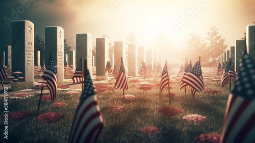 Memorial Day Flags in Grass, Patriotic American Background, Generative AI