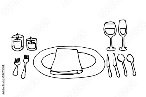 table setting for one person in isometry - forks, spoons, knives, plates, glasses with drinks, candles, napkin on a plate - hand drawn doodle. a place for a guest at the table vector sketch