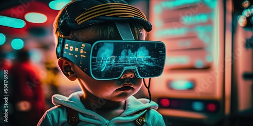 A small child wearing virtual reality glasses. Children and the virtual world. Children and modern technology. Baby kids VR glasses. Generative AI