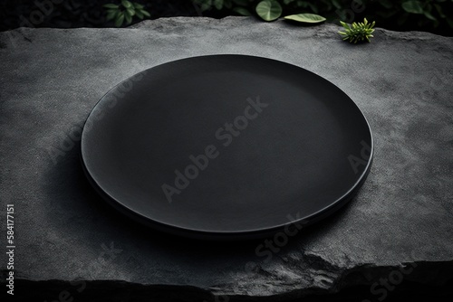 Black plate on stone table, top view. Empty space for menu or recipe, cinematic composition. Ceramic black platter on stone table, mockup. Concept of elegance dark table setting. Generative AI