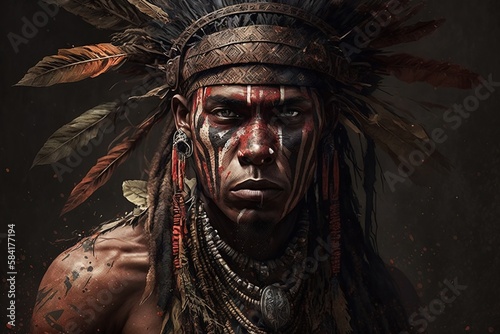 Leader of the tribe. Portrait of a fictional Indian shaman from the Indian tribe. An ancient Indian hunter. Generative AI 