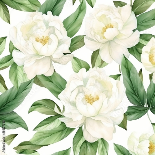 Peonies. Ornament with the image of white flowers of peonies on a white background. Pattern. Generative AI.