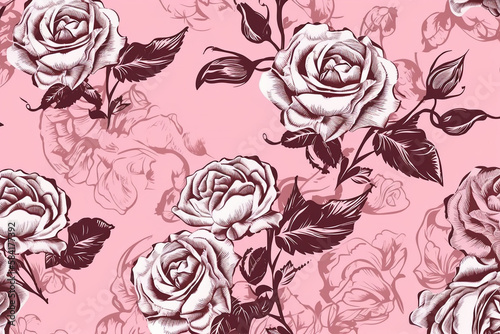 Ornament from flowers of roses on a pink background. Pattern.   Generative AI.