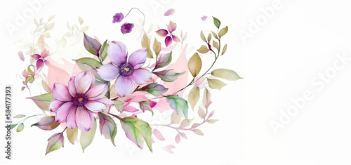 Branch of spring flowers of violet color, watercolor. Generative AI.