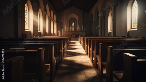 Abstract christianity concept background with space for copy in a humble chapel interior. Generative ai illustration.