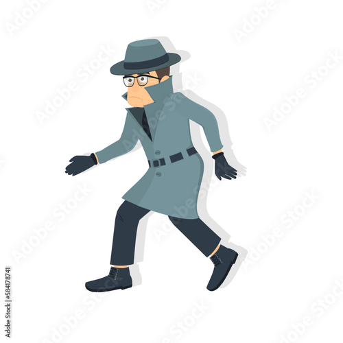 Spy in a raincoat. Detective surveillance, vector illustration