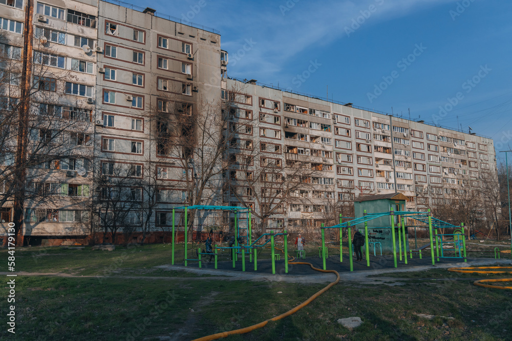 A strike on a high-rise building in the city of Zaporozhye, Ukraine. A residential building destroyed by an explosion following a Russian missile attack. Consequences of the explosion. Houses in the c