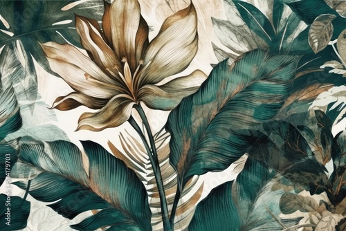 Tropical leaf wallpaper  marble texture  gold detail  mural art. Generative AI