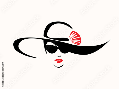 Beautiful woman with elegant makeup, wearing a stylish hat and sunglasses. Fashion, beauty salon and lifestyle illustration. Young lady portrait isolated on light fund. Red lipstick. Cute face logo.
