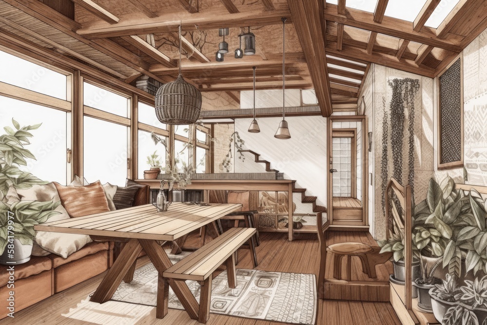 Unfinished blueprint, bohemian dining table closeup, boho living room with couch in wooden mezzanine with gabled ceiling. planters. Country decor,. Generative AI