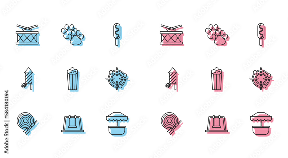 Set line Classic dart board and arrow, Swing, Drum with drum sticks, Attraction carousel, Popcorn cardboard box, Target sport for shooting competition, Firework rocket and Paw print icon. Vector Set line Classic dart board and arrow, Swing, Drum with drum sticks, Attraction carousel, Popcorn cardboard box, Target sport for shooting competition, Firework rocket and Paw print icon. Vector