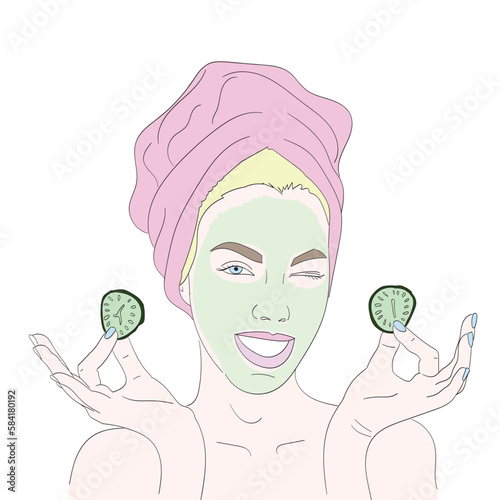 Young woman makes face mask, self care girl.