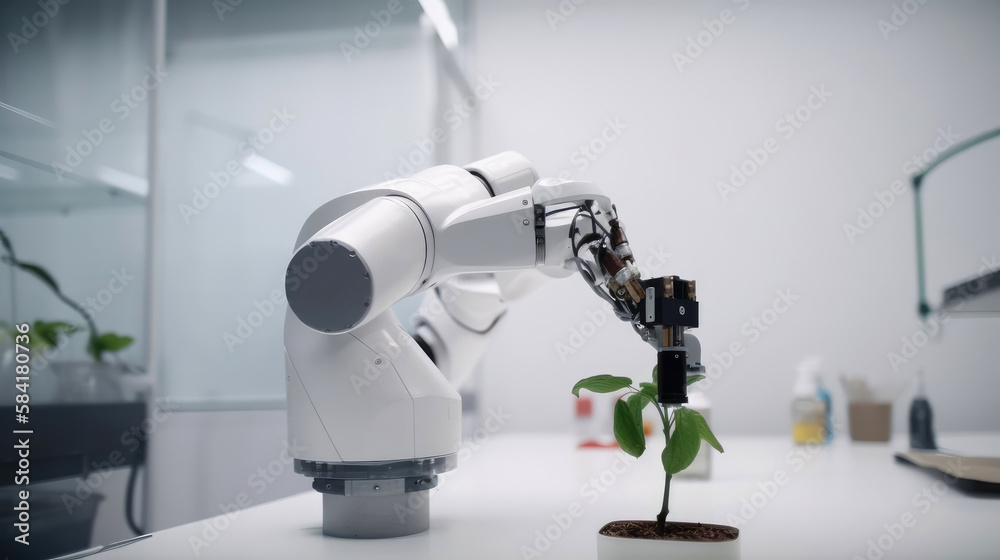 Smart robotic arm, robot farmers working in a laboratory. Generative AI Smart robotic arm, robot farmers working in a laboratory. Generative AI