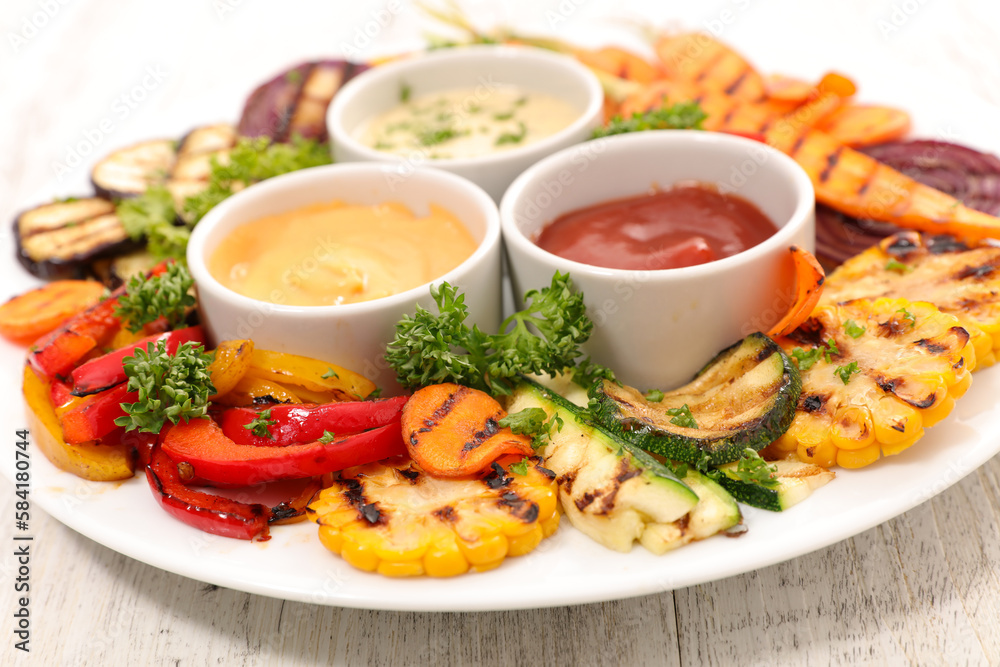 grilled vegetables platter and dipping sauce