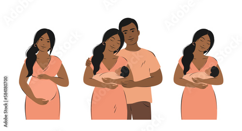 Set of pregnancy, breastfeeding and motherhood concept illustrations. Woman feeding baby, parents with child. Vector illustration.