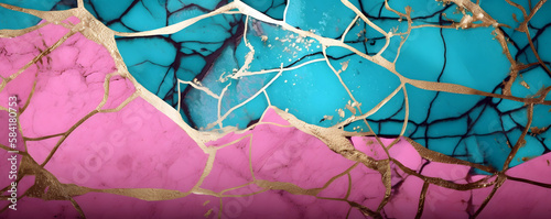 Multicolored Broken texture of clay, Molten Kintsugi Texture: Pink, Teal, and Gold Marble