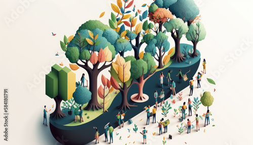 The isometric view showed a thriving environment with lush trees and bustling people. Generative AI