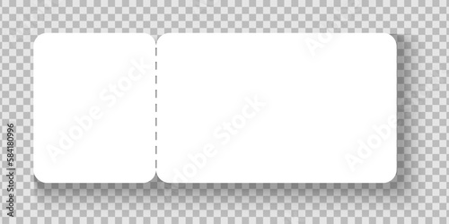 Blank event ticket or flyer mockup. White paper entry ticket for airplane, concert, movie, museum, festival, theater, exhibition isolated on transparent background. Vector realistic illustration
