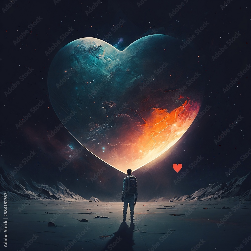 Fototapeta premium A person in space in front of a heart-shaped planet