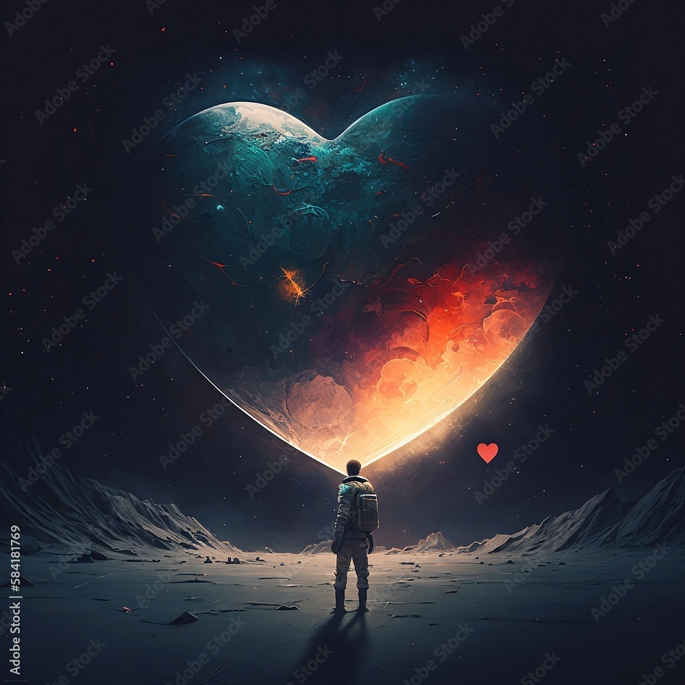 Fototapeta premium person in space in front of a heart planet