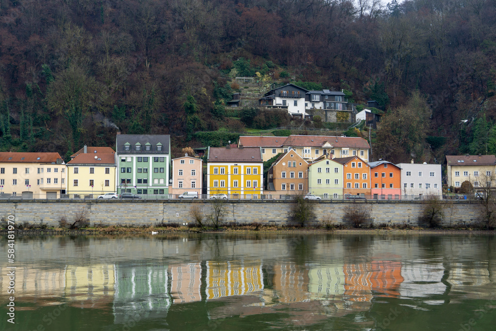 The Danube with its colorful houses on the banks of Passau, Germany