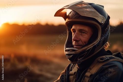 portrait of dirty racer in helmet on sports motorbike on a nature race. Generative AI © alexkoral