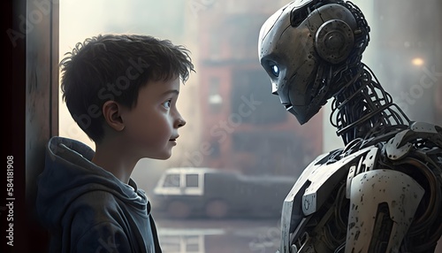 AI Robot and Boy. Generative AI.