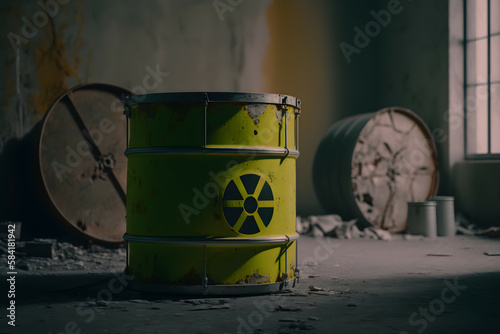 A vivid depiction of a hazardous material spill, with a luminescent yellow barrel marked with the biohazard symbol, set against the dim backdrop of an industrial warehouse