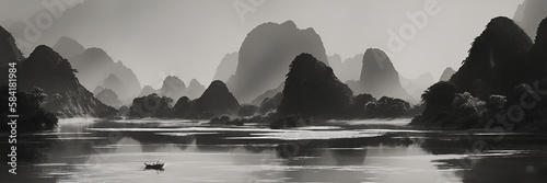 old Ninh Binh ink paining style. AI generated illustration