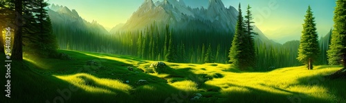 Panoramic view of big mountains, beautiful green meadows with coniferous trees. Flat cartoon landscape with nature. Summer spring landscape. Travel posters. Natural park forest outdoor background photo