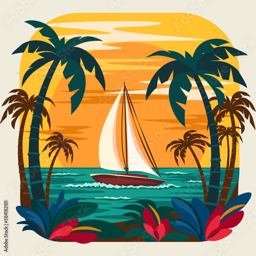 Tropical coastline with palm trees and sailboat at sunset, summer vacation concept, flat vector illustration.