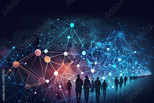 Connecting people on the internet, nodes transforming. Social network connections. Information technology of internet of things IOT big data clouds computing using artificial intelligence, made by Ai