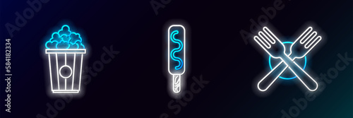 Set line Crossed fork, Popcorn in cardboard box and Ice cream icon. Glowing neon. Vector