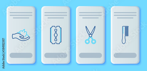 Set line Blade razor, Scissors hairdresser, Shaving gel foam on hand and Hairbrush icon. Vector