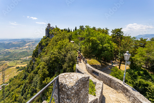 SAN MARINO, JULY 5, 2023 - The patway that leads to the Cesta of Fratta tower in Mount Titan in San Marino, Republic of San Marino, Europe