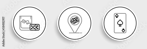 Set line Playing card with spades symbol, Game dice and glass of whiskey ice cubes and Casino location icon. Vector